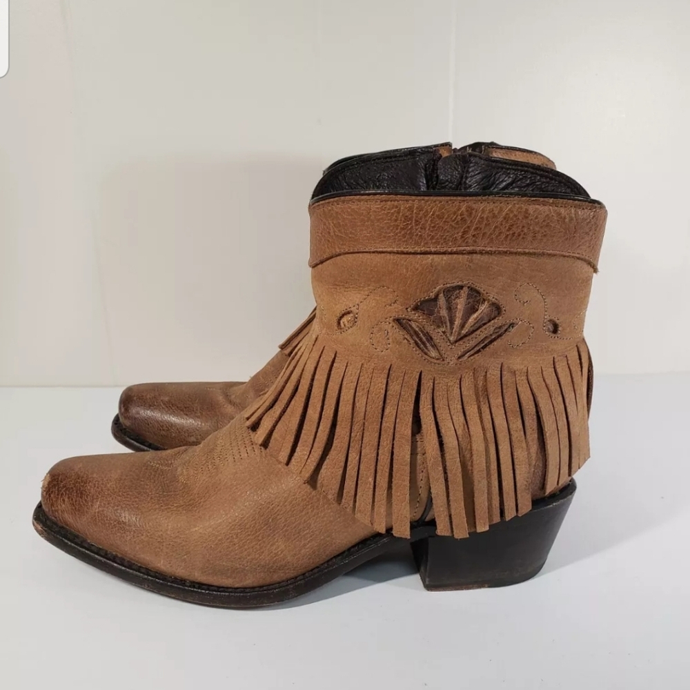 SONORA Frankie Leather Zip Fringe Western Ankle Boots Size 9.5B Tan